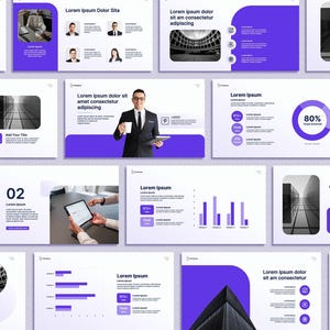 May include: A collection of digital presentation slides with a clean, modern design. The slides feature a white background with purple accents, text, charts, and images. The slides are designed for business or educational presentations.