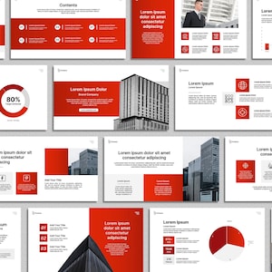 Può includere: Una raccolta di diapositive di presentazione dal design moderno. Le diapositive presentano uno sfondo bianco con accenti rossi e includono testo, grafici e immagini di edifici. Il layout è pulito e professionale.