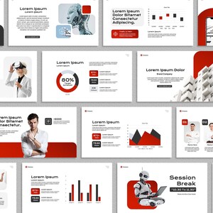 May include: A collection of presentation slides with a modern design. The slides feature a red and white color scheme, with charts, graphs, and images of people and robots. Text includes "Lorem Ipsum" and other placeholder text.