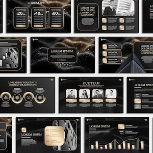 May include: A collection of black and gold presentation slides with various layouts. The slides feature text, charts, and images, including a building and a team photo. The text includes "Lorem Ipsum" and other headings.