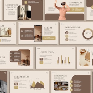 Puede incluir: Un conjunto de diapositivas de presentación con una paleta de colores neutros en beige, marrón y dorado. Las diapositivas presentan texto, gráficos e imágenes, incluida una persona con gafas de realidad virtual. Diseño moderno y limpio.