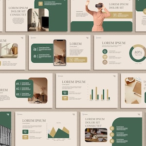 May include: A set of presentation slides in beige, green, and gold. The slides contain text, charts, and images, including a person wearing VR goggles, a smartphone, and office scenes. The slides are designed for business or educational purposes, with a clean, modern aesthetic.