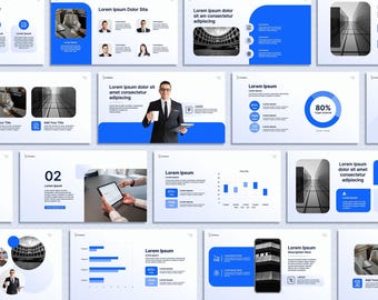 Moderne Blaue Powerpoint-Vorlage, 80 Slide Minimalistische Business-Präsentation Canva