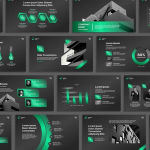 May include: A collection of dark gray presentation slides with green and white accents. The slides feature charts, graphs, and text, including "Our Team," "Company Name," and "Lorem Ipsum." The design is modern and professional, suitable for business presentations.