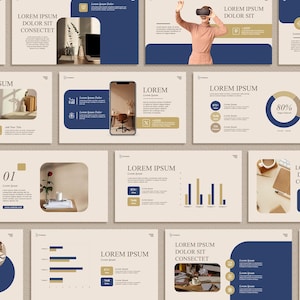 May include: A series of beige and navy blue presentation slides with text and graphics. The slides include charts, diagrams, and images, including a person wearing a VR headset. The slides are designed for business or educational use.