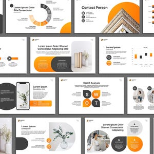 Könnte beinhalten: Eine Sammlung von Präsentationsfolien mit modernem Design. Die Folien weisen ein einheitliches Farbschema aus Schwarz, Weiß und Orange auf, mit verschiedenen Diagrammen, Grafiken und Textlayouts. Die Folien sind für Geschäfts- oder Bildungspräsentationen konzipiert.