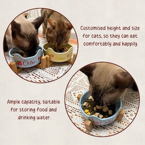 May include: Cat food bowls in light blue and yellow with wooden stands. The bowls have the names "Chloe" and "Gino" on them, along with strawberry and flower designs. The text says "Customised height and size for cats, so they can eat comfortably and happily."