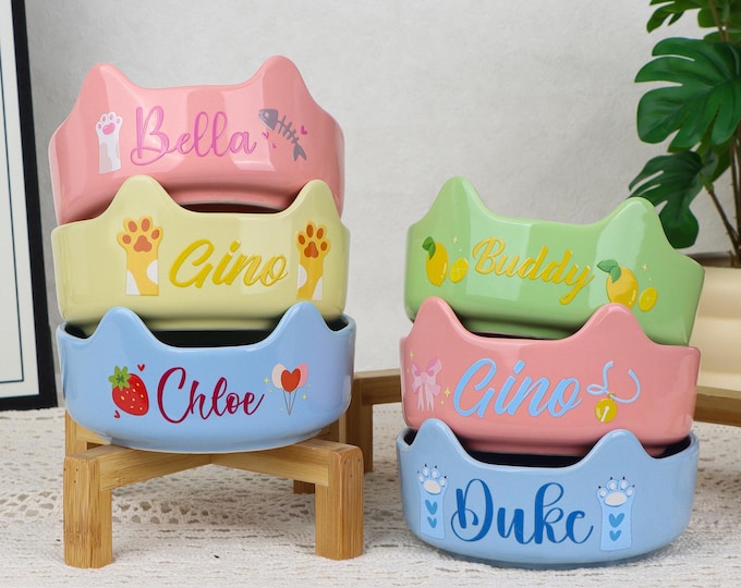 Personalized Pet Bowl: Ceramic Food Dish with Ears, Custom Name & Design
