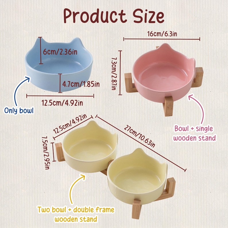 May include: A product size guide for cat-shaped ceramic bowls. The bowls come in blue, pink, and yellow, with wooden stands available. Dimensions are provided in inches and centimeters, with the largest bowl measuring 10.63 inches across.
