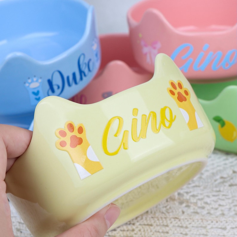 May include: A collection of colorful ceramic pet bowls. The bowls are in various pastel colors, including yellow, blue, pink, and green. Each bowl has a cat ear design and a name printed on it, along with paw print and cat paw graphics.