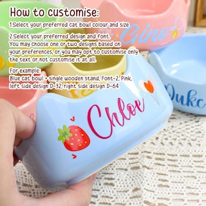 May include: A light blue ceramic cat bowl with the name "Chloe" in pink script, a strawberry graphic, and heart accents. The bowl is part of a customizable pet product line, with options for color, design, and font.