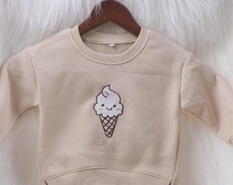 Sudadera para niño con nombre y color personalizado, sudadera para bebé con nombre personalizado, camiseta bordada personalizada para niño pequeño, regalo para baby shower, helado para bebé.