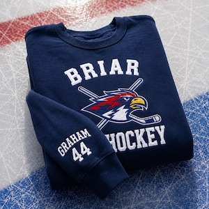 May include: Navy blue sweatshirt with the word "BRIAR" in white block letters above a hockey-themed logo. The logo features a red, white, and blue bird with crossed hockey sticks. The sleeve reads "GRAHAM 44".