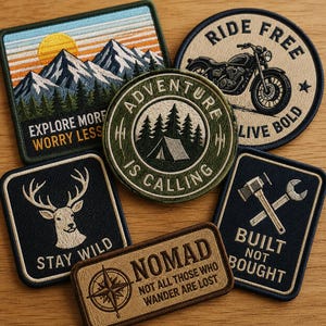 Op de afbeelding: Een verzameling van zes geborduurde patches met diverse ontwerpen: een berglandschap met de tekst EXPLORE MORE WORRY LESS, een motorfiets met RIDE FREE LIVE BOLD, een tent in een bos met ADVENTURE IS CALLING, een hert met STAY WILD, een hamer en moersleutel met BUILT NOT BOUGHT, en een kompas met NOMAD NOT ALL THOSE WHO WANDER ARE LOST.