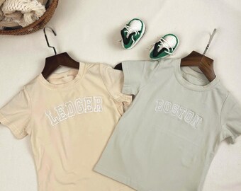 Kids Varsity Name Shirt, Custom College Font Tee, Embroidered Letter Shirt for Kids, Personalized Toddler Tee, Minimalist Name Outfit.
