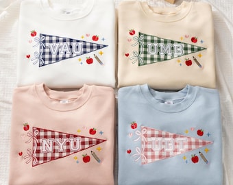 Custom Embroidered Pennant Sweatshirt, Personalized College Name Tee, Pink Gingham Applique Shirt, Preppy Student Gift