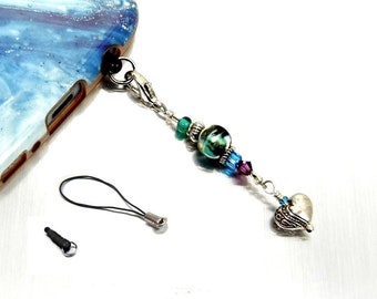 Phone charm of marbled bead, crystal & silver heart in greens blues w/ BOTH plug and loop attachments / 3 piece set / heart jewelry