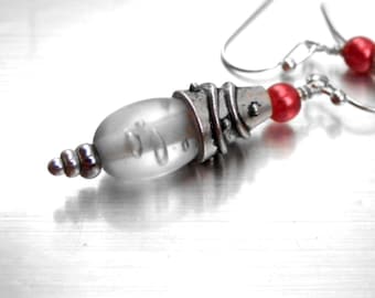 Pewter & red earrings with cloudy glass drops / "Perfect Size Earrings" / jewelry gift