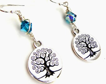 Tree of Life charm earrings with blue Swarovski crystals and sterling silver wire / unity symbol / blue earrings