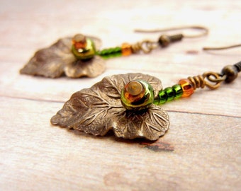 Bronze leaf earrings with green & golden ochre glass accents  / fall jewelry / nature inspired / jewelry gift