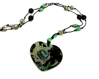 Agate heart pendant necklace "Galaxy" pattern on cord with Czech glass & gun metal accents / heart jewelry / OOAK / Mothers Day