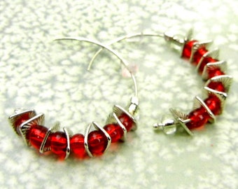 Sterling silver hoop earrings with red glass beads  / festive jewelry / boho earrings / jewelry gift