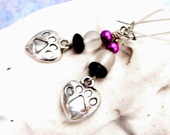 Heart paw print earrings in silver, black, cloudy & magenta / heart jewelry / gift from pet