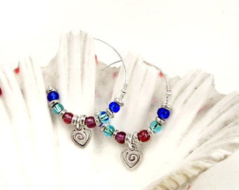 Medium hoop earrings in sterling silver with spiral heart, aqua, plum & blue glass beads / energy symbol / heart jewelry / Mothers Day