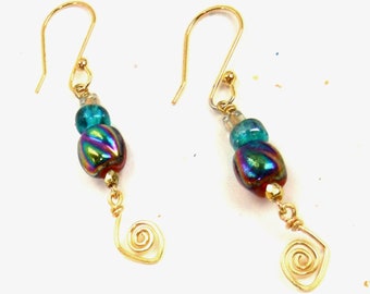 Festive earrings in red, teal blue & gold with gold wire hammered spiral charms / spiral jewelry / holiday jewelry /  gift