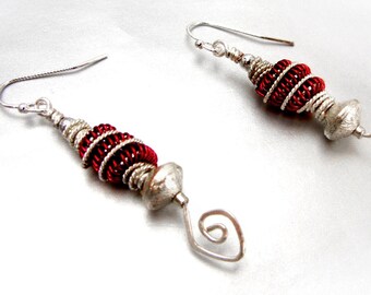 Coiled wire earrings in burgundy embellished with silver twisted wire & silver spirals / energy symbol / jewelry gift