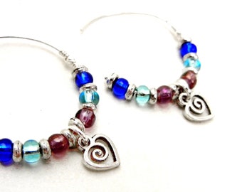 Sterling silver hoop earrings with spiral heart, aqua, plum & blue glass beads /  energy symbol / heart jewelry / valentines gift