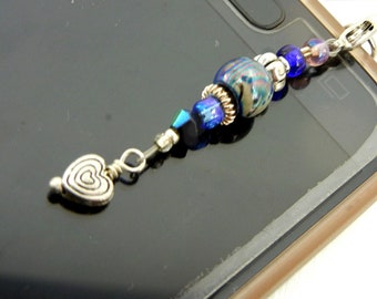 Phone charm of marbled bead & silver heart in blues, mauve with BOTH plug and loop attachments / ornament / phone bling