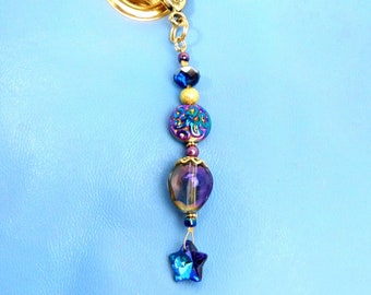 Bag charm or key chain in purple, blue & gold with blue sparkly star / purse accessory / OOAK / special gift / purse accessory