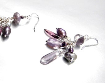 Heart charm earrings in mauve & lavender with silver hearts, genuine pearls and crystals / heart jewelry / jewelry gift