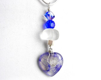 Blue dragon vein agate heart pendant necklace with sea glass on silver snake chain / heart jewelry / love gift / Mothers Day