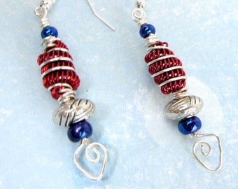 Firecracker earrings of burgundy coiled wire with silver & teal blue accents and open silver spirals / 4th of July / jewelry gift