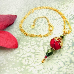 Red & gold pendant necklace with Czech glass, gold chain and accents/ metallic green / jewelry gift / holiday colors image 1