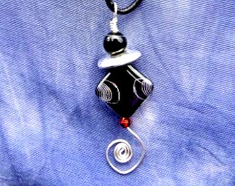 Etched onyx pendant necklace w/ sterling silver spiral, red Swarovsky crystal & agate on leather cord / "Tsunami Wave" /  gemstone jewelry