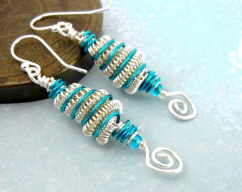 Coiled wire earrings with peacock blue accents and hammered open spirals / blue & silver / jewelry gift