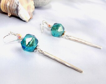 Aqua blue earrings of Czech glass and hammered silver spike charms / shoulder dusters / jewelry gift