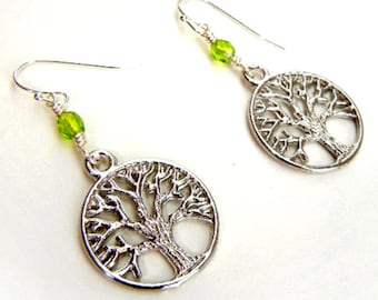 Tree of Life charm earrings in silver with lime green Czech glass / unity symbol / tree charms / chatreuse / jewelry gift