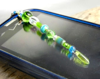 Crystal beaded cell phone charm in green & aqua / zipper pull / bag charm / belt loop charm / phone accessory / jewelry gift / phone bling