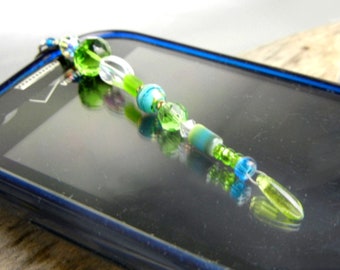 Crystal beaded cell phone charm in green & aqua / zipper pull / bag charm / belt loop charm / phone accessory / phone bling