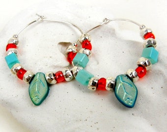 Leaf hoop earrings in aqua, red & silver with glass leaves / festive jewelry / gold lustre / leaf jewelry /  Mothers Day