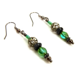 Green Czech glass earrings with gun metal accents / picasso luster / Mothers Day