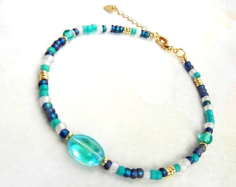 Beaded anklet in turquoise, blue & white with gold accents / summer jewelry / "Turquoise Waters"