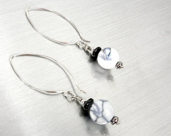 White fire agate & hematite earrings on long silver ear wires / summer jewelry / white gray black / gemstone jewelry