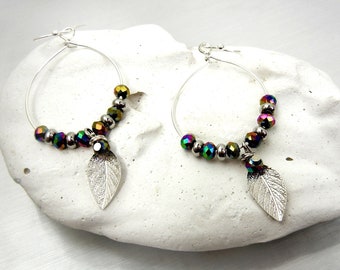 Leaf drop hoop earrings with metallic glass multicolor sparkly beads / jewelry gift