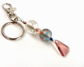 Pink handbag or key chain charm with aqua lampwork swirl glass, backpack charm, ornament, purse accessory, belt loop charm / jewelry gift