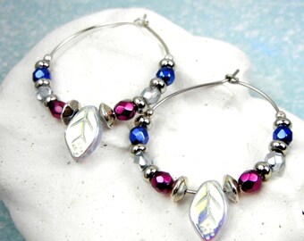 Leaf drop hoop earrings with Czech glass beads in metallic fuchsia, silver & rich blue / iridescent leaves / leaf jewelry